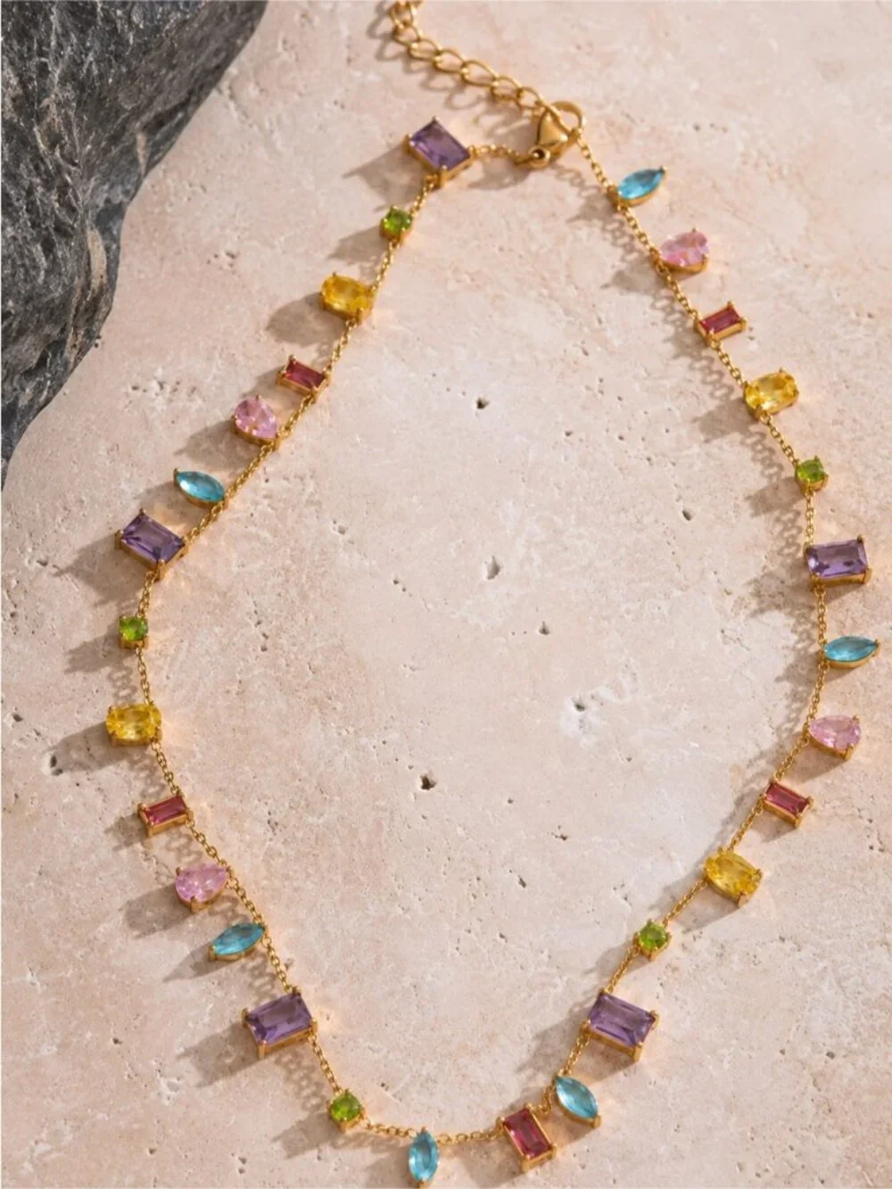 Gold plated Multigemstone Station Necklace — Purple, Pink, Blue & Yellow